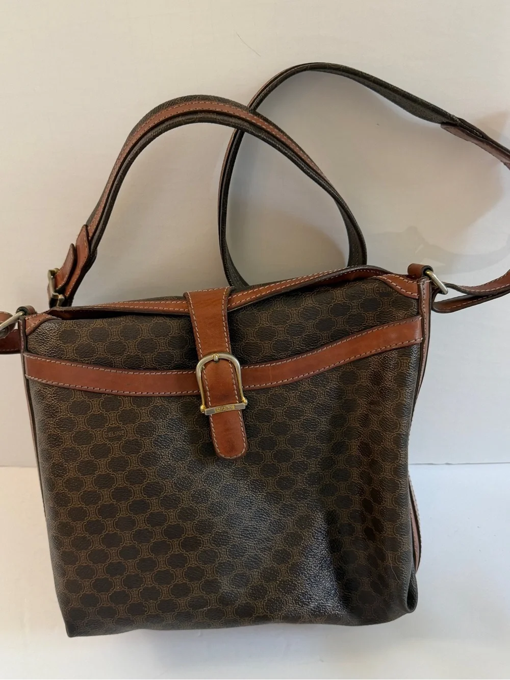 Vintage Celine Macadam Brown Coated Canvas & Tan Leather Crossbody Bag